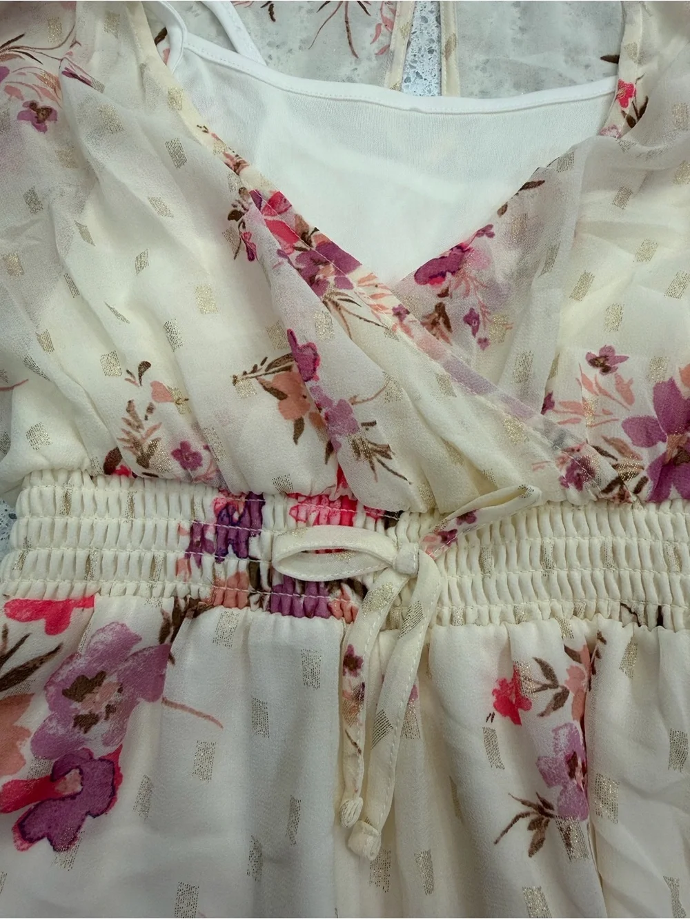 Zunie Cream Floral Chiffon Romper with Pink and Purple Blooms